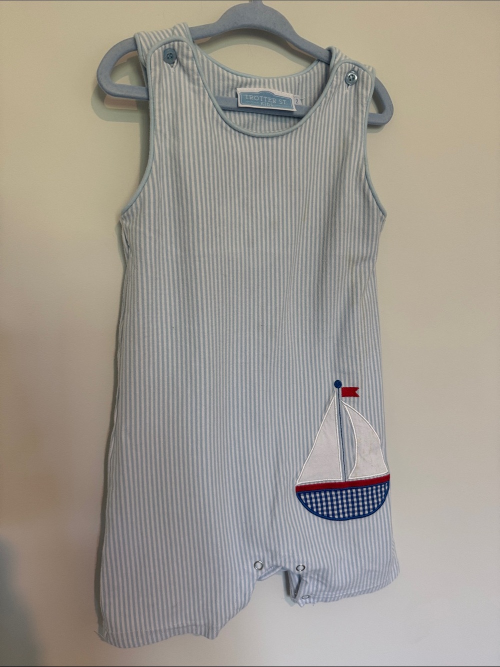 Trotter Street Kids Blue Stripe Sailboat Baby Boy Romper Shortall 2T
